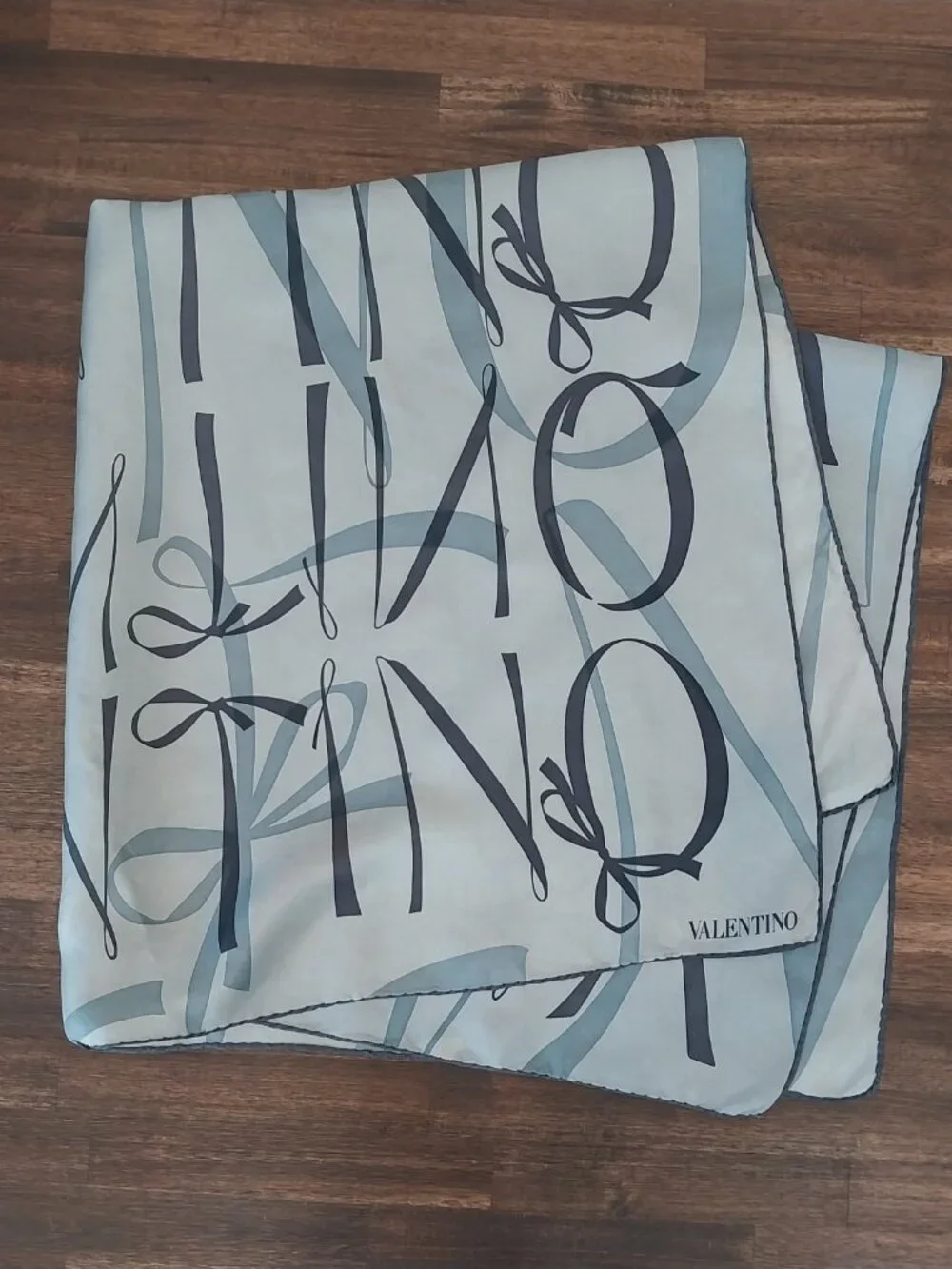 Valentino Large Square Scarf 100% Silk Blue Graphic Logo Hand Rolled Hem 34
